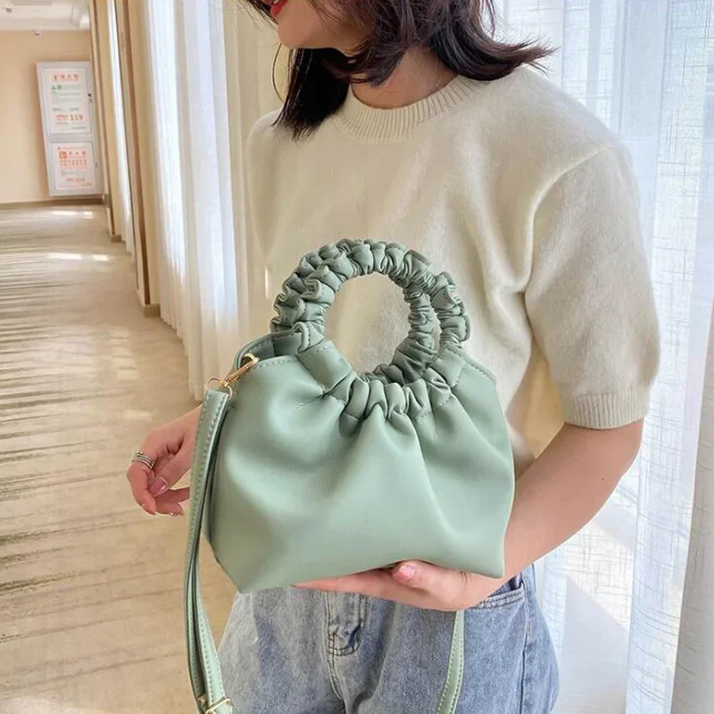 Key Holder Leather Pouch - 여성용 소형 핸드백 Pleated Handle 숄더