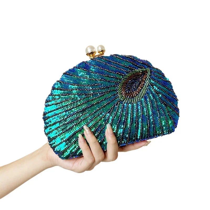 새로운 럭셔리 공작 녹색 클러치 백 여성 스팽글 파티  - Luxury Bags Green 리뷰 및 가격